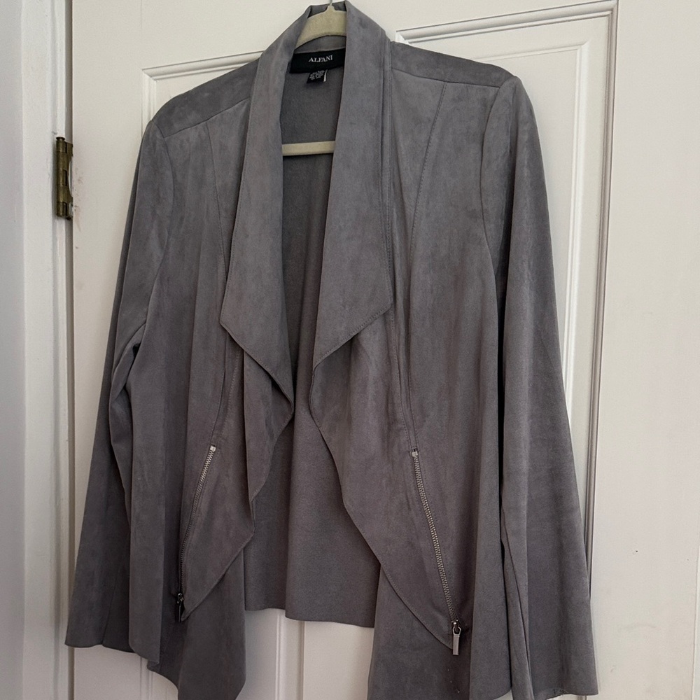 Alfani Grey Suede Draped Open-Front Jacket with Zip Details